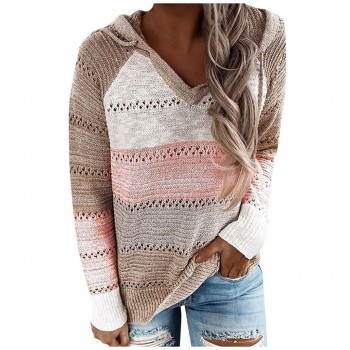 Woman knitted Hoodies Contrast Color Fashion Women Casual Patchwork Long Sleeves Hooded Sweater 